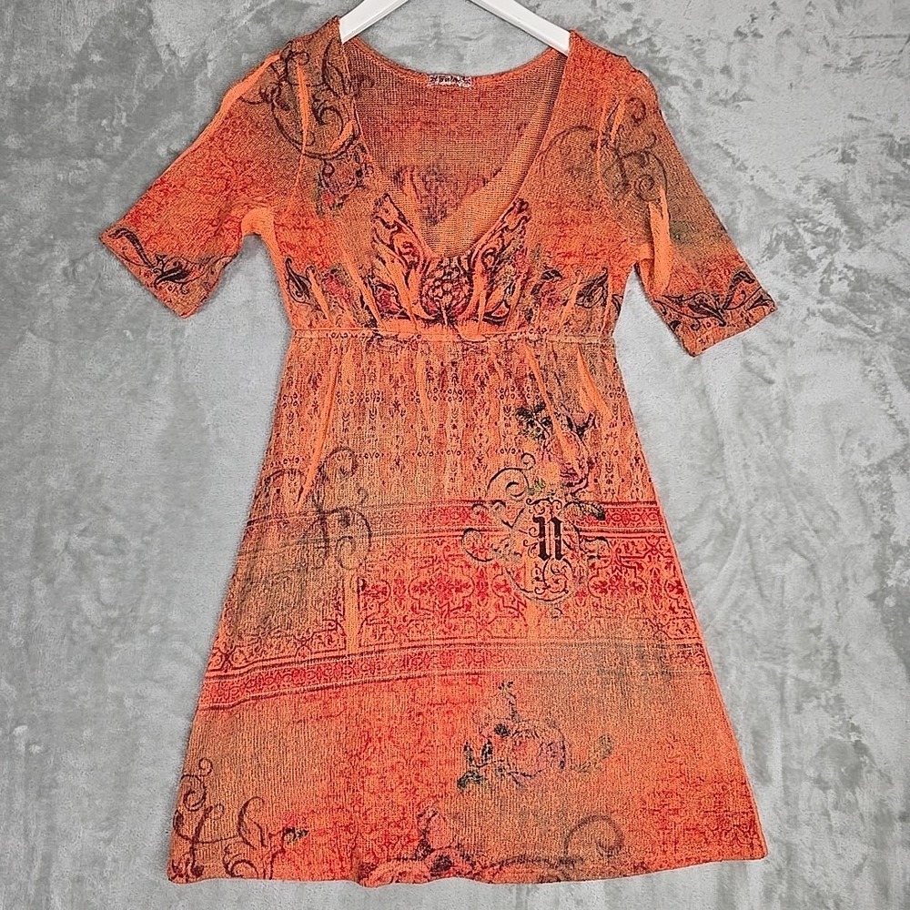 F21 Womens Y2K Knit Babydoll Tunic Top Medium Orange‎ Fairy Grunge
